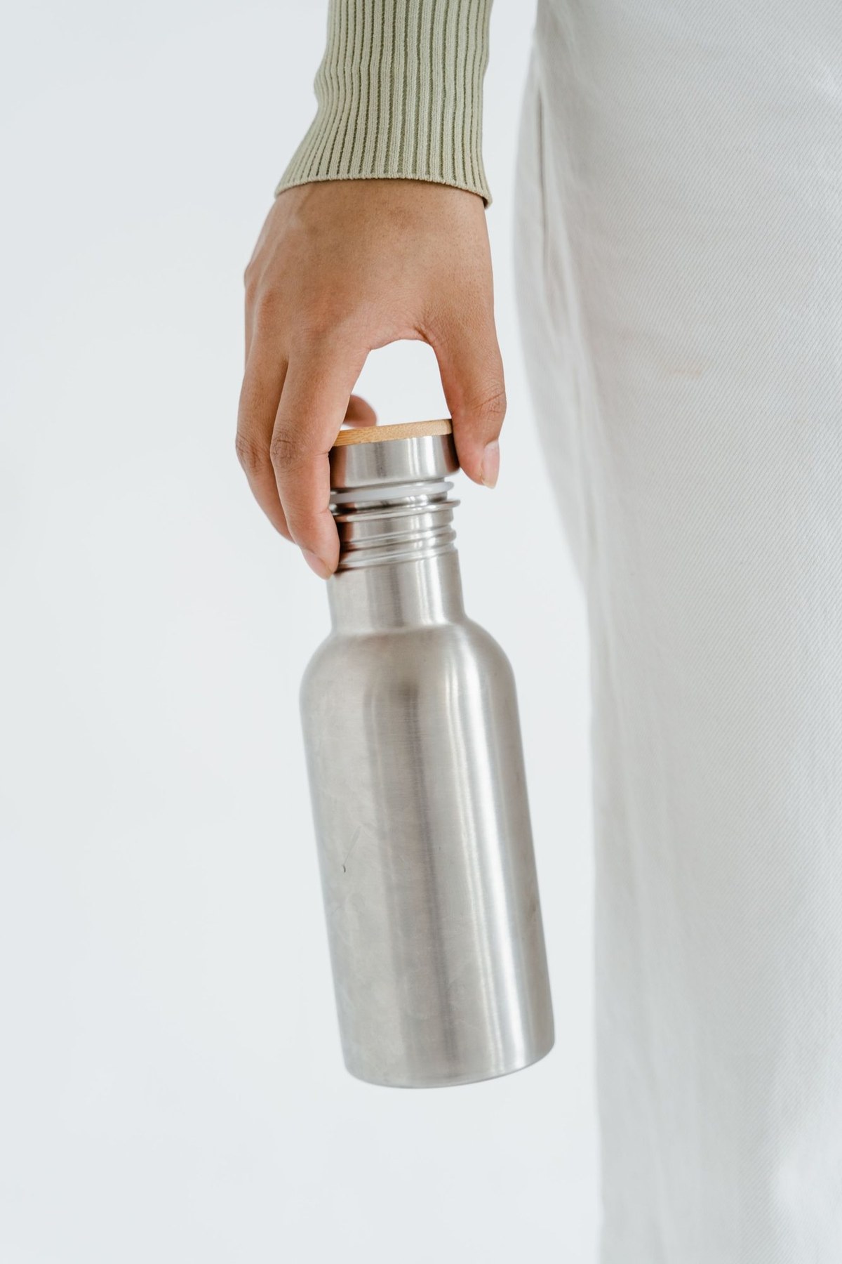 A stainless steel water bottle.