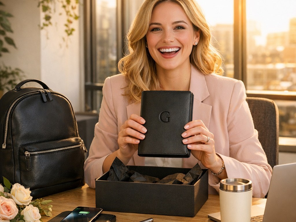 A smiling woman at her desk lifts a black leather tech case with a G monogram from an open gift box, beside a black leather backpack and a cream tumbler