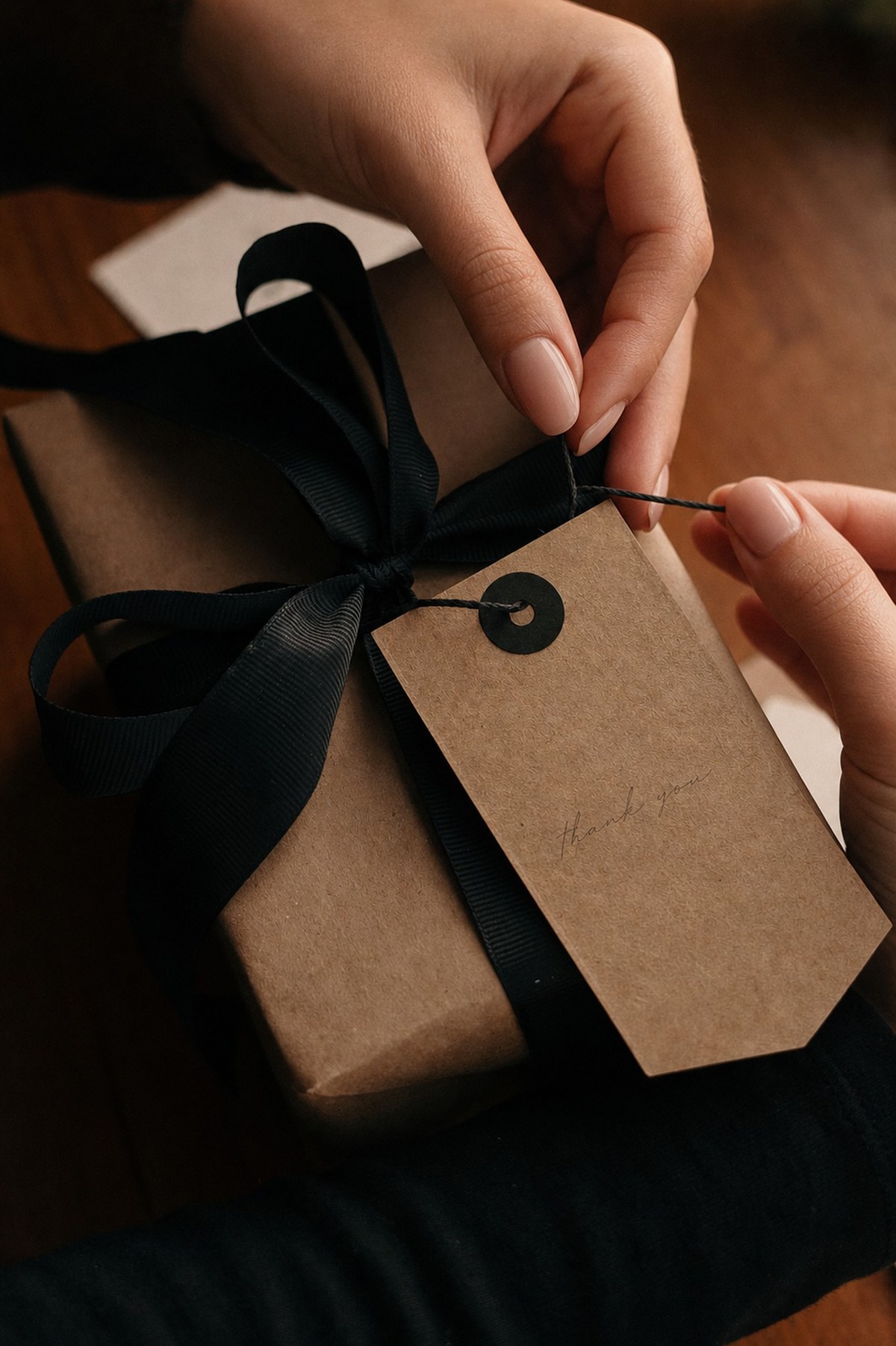 Hands untying a kraft gift with a black ribbon.