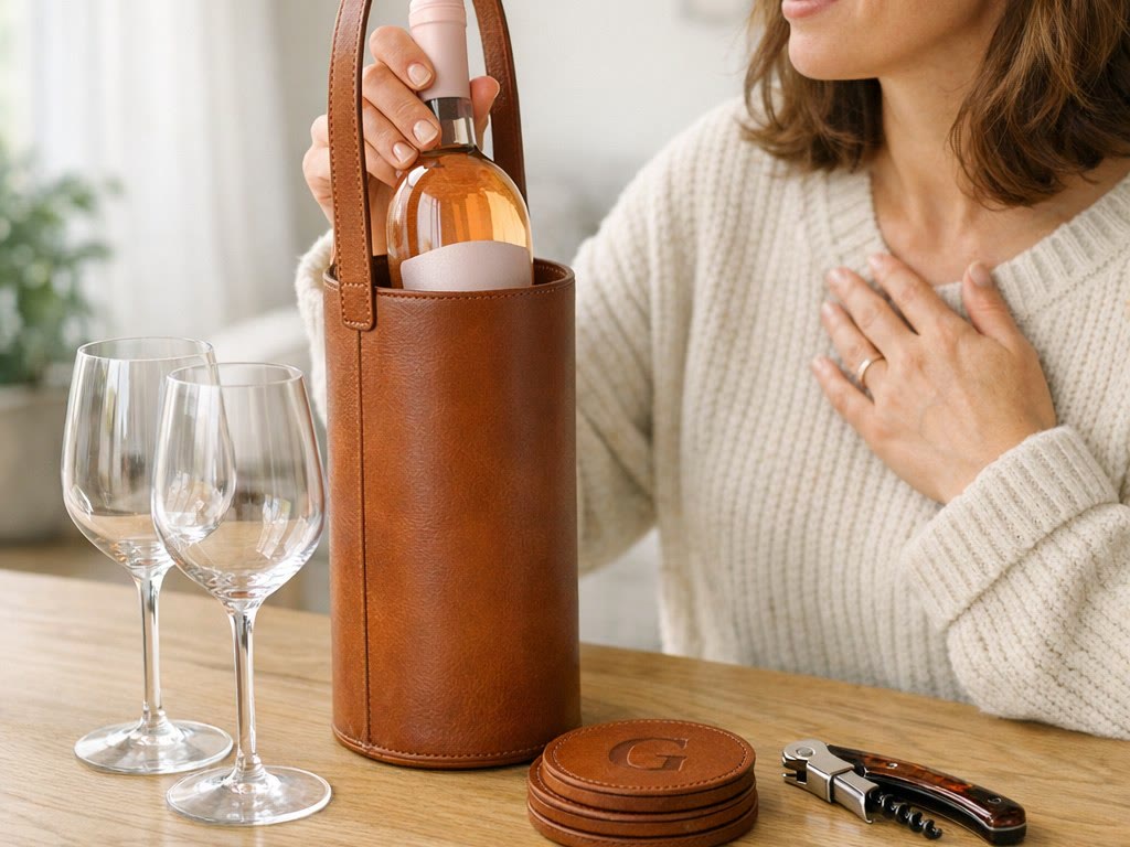 A rust leather wine tote with leather coasters.
