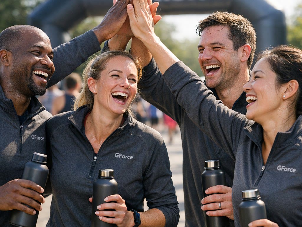 Coworkers in matching quarter-zips celebrate at a charity 5K.