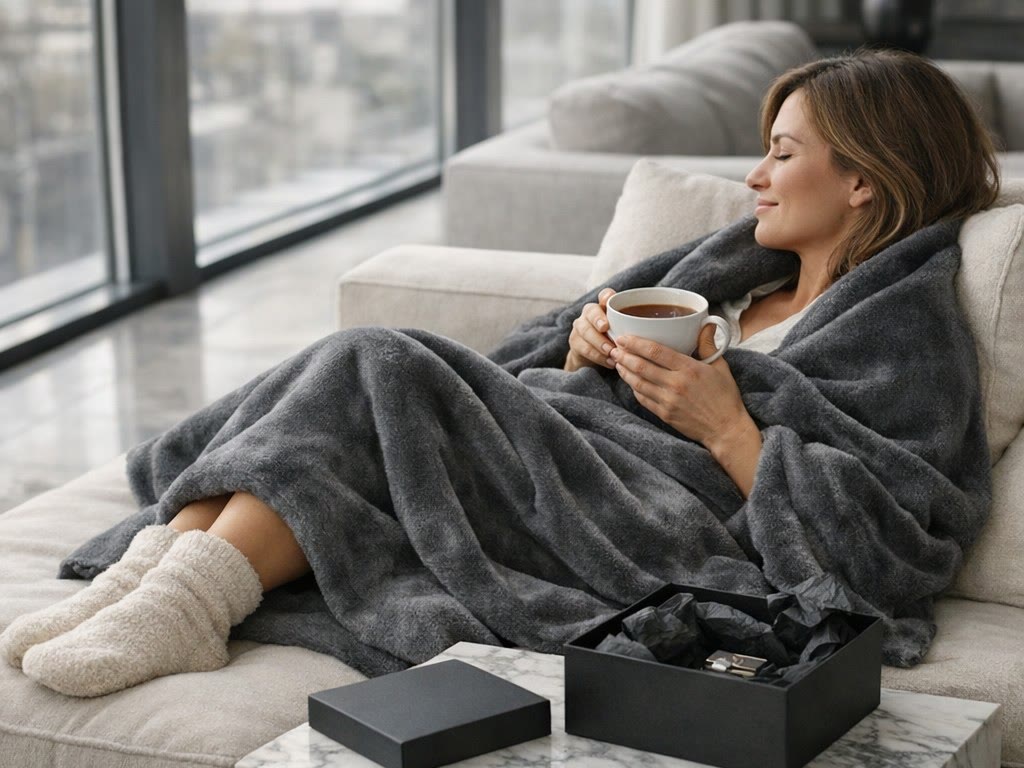 A cozy throw and tea beside an opened gift box.