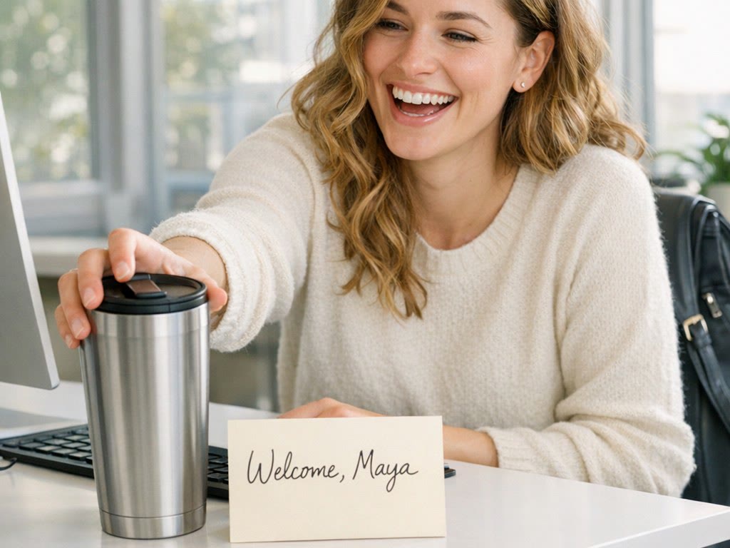 A new hire receives a welcome gift at her desk.