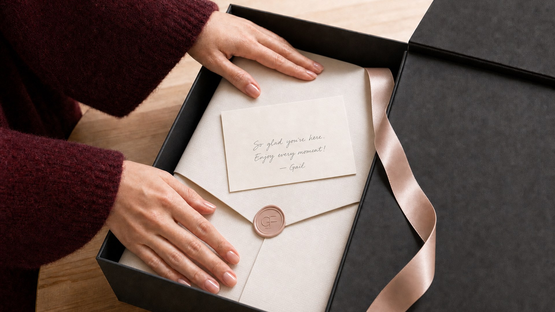 Hands opening a black gift box sealed with a GF wax seal.